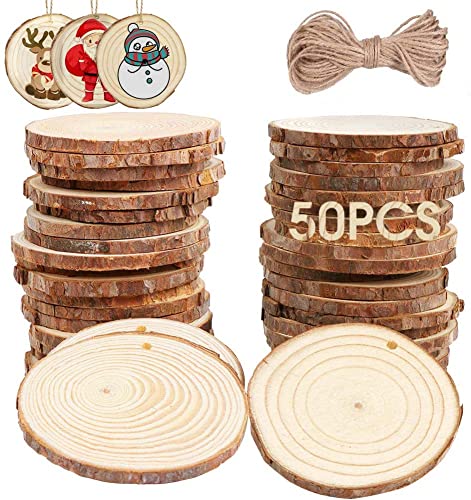 OurWarm 50pcs Natural Wood Slices, Unfinished Wood Slices Circles for Crafts Centerpieces, 2.0-2.5 Inches Predrilled Wood Kit for Arts and Crafts DIY Christmas Tree Ornaments