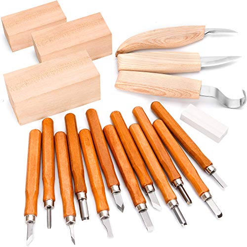 Wood Carving Tools Kit, Sloyd, Hook, Detail Knives, Hardwood Handle Grips, Carbide Blades Sharpener Included 19 Piece Set