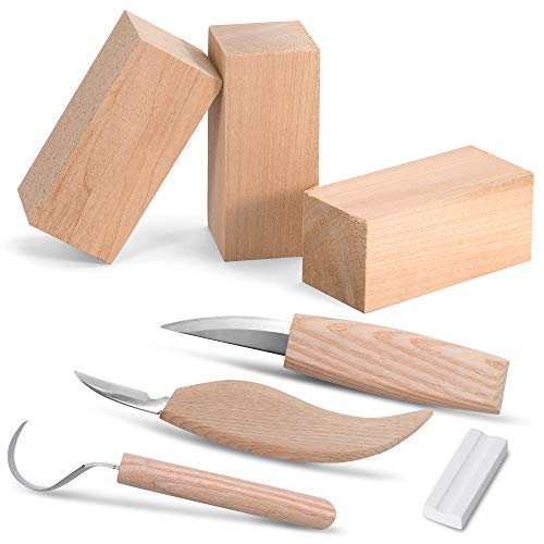 Gaxcoo 7-Piece Wood Carving Kit – 3 Carbon Steel Knives For Whittling Wood with 3 Basswood Carving Blocks and Sharpening Stone – Wood Carving Tools Set for Beginners to Professionals