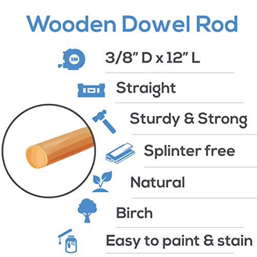 Dowel Rods Wood Sticks Wooden Dowel Rods - 3/8 x 12 Inch Unfinished Hardwood Sticks - for Crafts and DIYers - 50 Pieces by Woodpeckers
