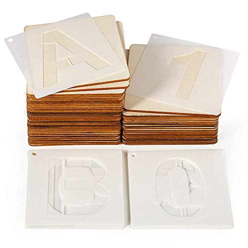 Caydo 50 Pieces 4 x 4 inch Christmas Unfinished Square Wood Slices Blank and 36 Pieces Letter Stencils for Coasters, Pyrography, Painting, Writing, and Home Decorations