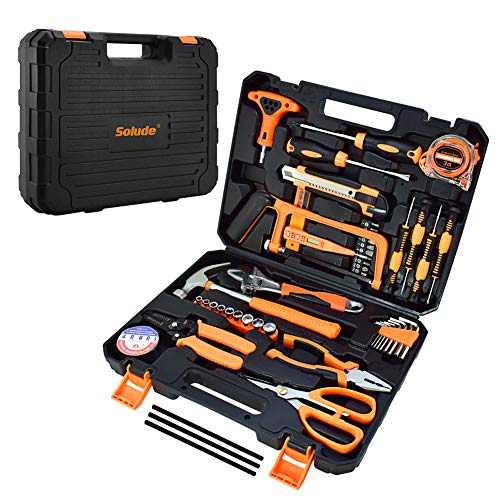 Home Repair Tool Set,General Household Orange Hand Tool Kit for Home Maintenance with Plastic Tool Box Storage (56 PCS)
