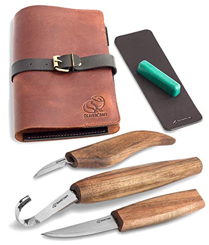 Wood Carving Tools Set for Spoon Carving Kit 3 Knives in Tools Roll Leather Strop and Polishing Compound Spoon Carving Tools Hook Sloyd Detail Knife Deluxe Spoon Carving Kit S13X