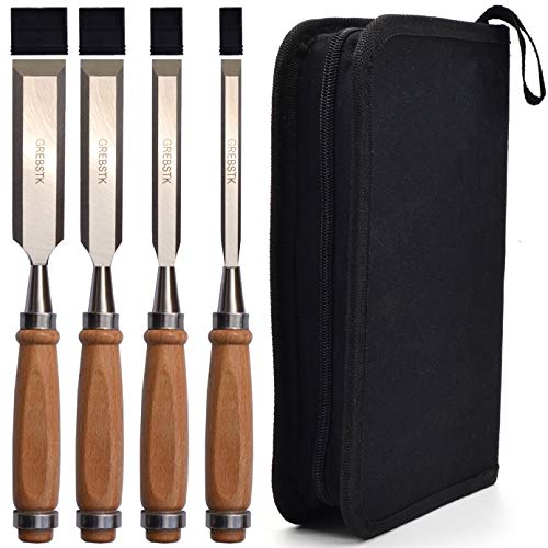 GREBSTK 4 Piece Wood Chisel Set Sturdy CR-V Steel Chisel Beech Handle Woodworking Tools with Canvas Bag