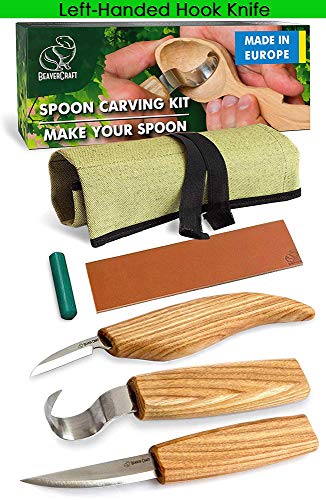 BeaverCraft S13L Wood Carving Tools Set for Spoon Carving 3 Knives in Tools Roll Leather Strop and Polishing Compound Hook Sloyd Detail Knife Left-Handed Spoon Carving Knives