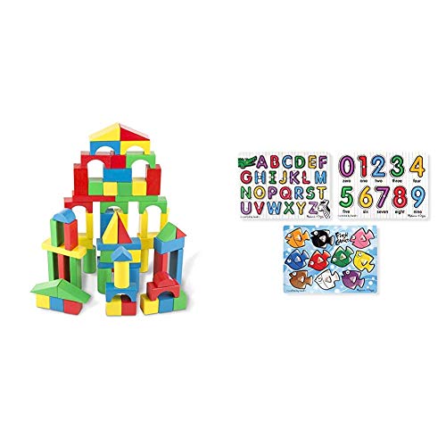 Melissa & Doug 100-Piece Wood Blocks Set & Classic Peg Puzzle Bundle (Alphabet, Numbers and Fish Colors)