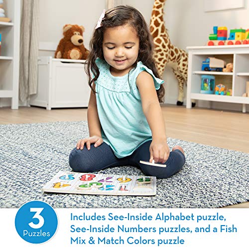 Melissa & Doug 100-Piece Wood Blocks Set & Classic Peg Puzzle Bundle (Alphabet, Numbers and Fish Colors)
