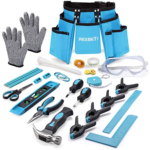 REXBETI 87pcs Young Builder's Tool Set with Real Hand Tools, Reinforced Kids Tool Belt, Waist 20"-32", Kids Learning Tool Kit for Home DIY and Woodworking