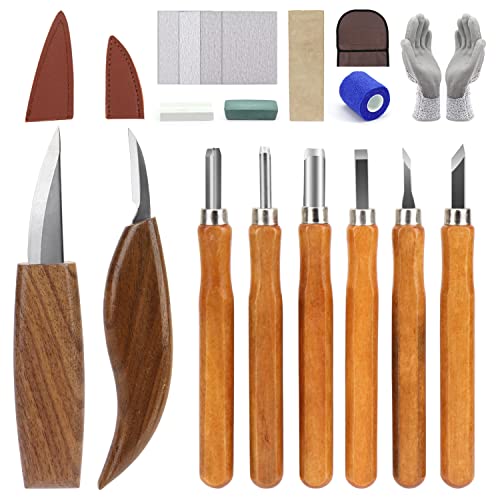 Wood Carving Tools Knife Set 20PCS DIY Wood Carving Kit for Beginners Woodworking Knife Kit with Detail Wood Carving Tools, Whittling Knife, Anti-slip Cut-resistant Gloves, No-Cut Tape Ideal for Gift