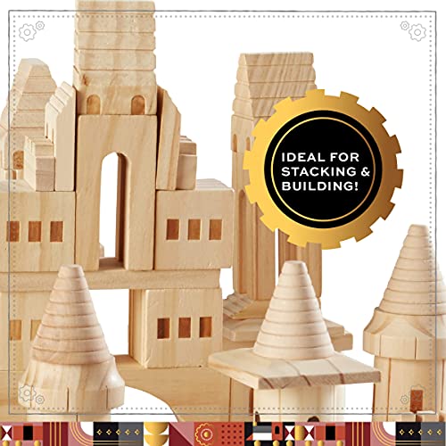 FAO Schwarz {150 Piece Set} Wooden Castle Building Blocks Set, Toy Solid Pine Wood Block Playset Kit for Kids, Toddlers, Boys, and Girls
