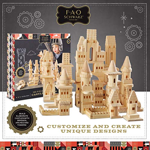 FAO Schwarz {150 Piece Set} Wooden Castle Building Blocks Set, Toy Solid Pine Wood Block Playset Kit for Kids, Toddlers, Boys, and Girls