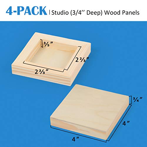 Falling in Art Unfinished Birch Wood Panels Kit for Painting, Wooden Canvas 4 Pack of 4x4’’ Studio 3/4’’ Deep, Cradle Boards for Pouring, Art, Crafts, Burning and More