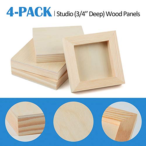 Falling in Art Unfinished Birch Wood Panels Kit for Painting, Wooden Canvas 4 Pack of 4x4’’ Studio 3/4’’ Deep, Cradle Boards for Pouring, Art, Crafts, Burning and More