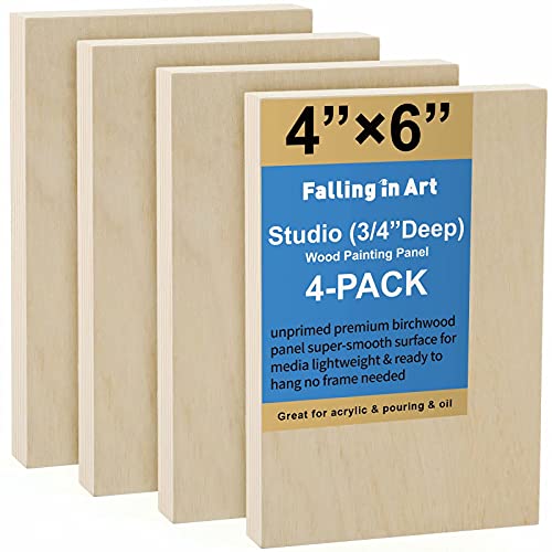 Falling in Art Unfinished Birch Wood Panels Kit for Painting, Wooden Canvas 4 Pack of 4x6’’ Studio 3/4’’ Deep, Cradle Boards for Pouring, Art, Crafts, Burning and More