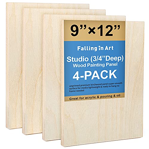 Unfinished Birch Wood Canvas Panels Kit, Falling in Art 4 Pack of 9x12’’ Studio 3/4’’ Deep Cradle Boards for Pouring Art, Crafts, Painting and More