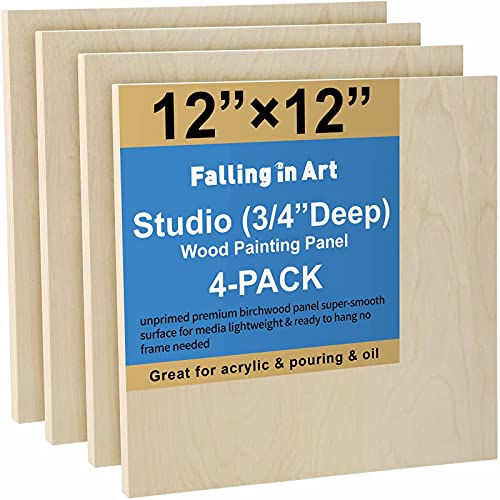 Unfinished Birch Wood Canvas Panels Kit, Falling in Art 4 Pack of 12x12’’ Studio 3/4’’ Deep Cradle Boards for Pouring Art, Crafts, Painting and More