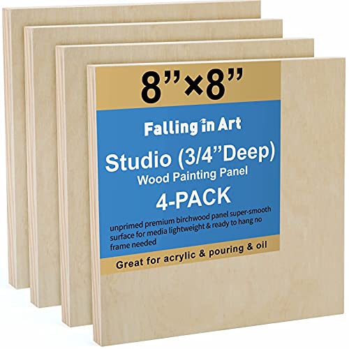 Unfinished Birch Wood Canvas Panels Kit, Falling in Art 4 Pack of 8x8’’ Studio 3/4’’ Deep Cradle Boards for Pouring Art, Crafts, Painting and More