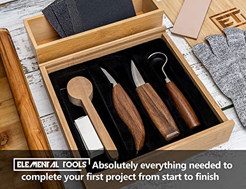 Elemental Tools 9pc Wood Carving Tools Set - Hook Carving Knife, Whittling Knife, Detail Wood Carving Knife For Spoon, Bowl, Kuksa Cup Or General Woodwork - Bonus Cut Resistant Gloves And Bamboo Box