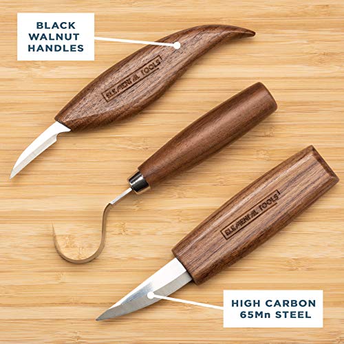 Elemental Tools 9pc Wood Carving Tools Set - Hook Carving Knife, Whittling Knife, Detail Wood Carving Knife For Spoon, Bowl, Kuksa Cup Or General Woodwork - Bonus Cut Resistant Gloves And Bamboo Box
