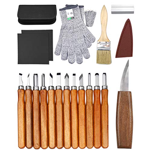 Wood Carving Tools Kit for Beginners 23pcs Hand Carving Knife Set Craft Engraving Supplies Include All-Purpose Cutting Knife and Detail Knife with Cut Resistant Gloves for Kids Adults Woodcrafts DIY