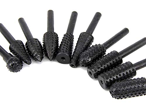 ASNOMY 10PCS Woodworking Twist Drill Bits, Wood Carving File Rasp Drill Bits 6.3mm(1/4") Shank Electrical Tools Woodworking Rasp Chisel Shaped Rotating Embossed Grinding Head with Storage Bag