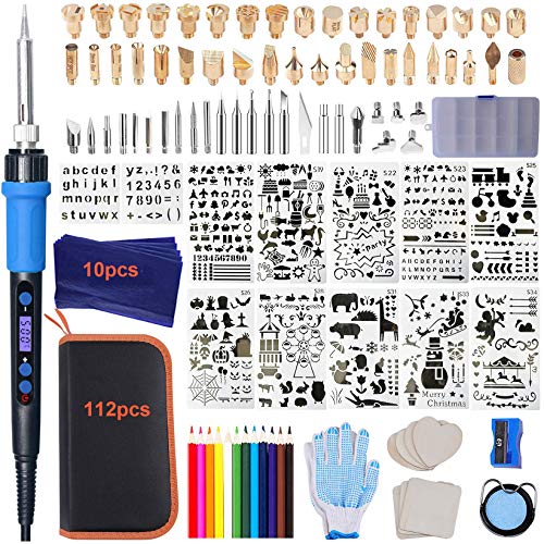 112PCS Calegency Wood Burning Kit-Wood Burning Tool Set with Digital LCD Display Pyrography Pen Adjustable Temperature and Embossing/Carving/Soldering/Engraving Tips for Wooden Crafts