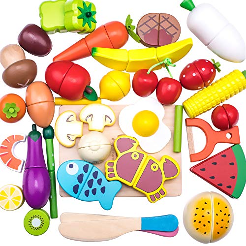 iPlay, iLearn Wooden Pretend Play Food, Cutting Cooking Set W/ Chopping Board, Kitchen Vegetables Fruit Magnetic Toy, Early Learning Educational Gifts for 3, 4, 5, 6 Year Old Kids, Toddler, Boy, Girl