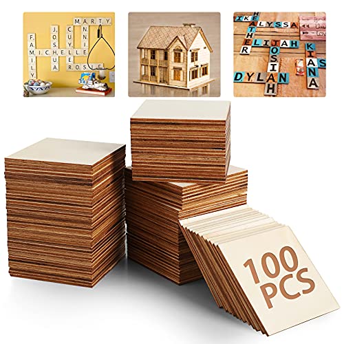 Unfinished Wood Board - 100Pcs 3 x 3in Blank Natural Slices Wood Square for DIY Crafts Painting, Scrable Tiles, Coasters, Pyrography, Decorations