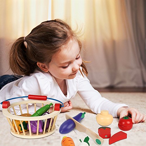 Victostar Magnetic Wooden Cutting Fruits Vegetables Food Play Toy Set with Basket for Kids (Vegetables)