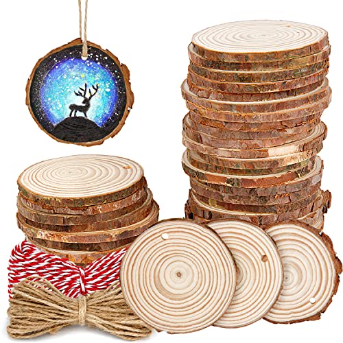 2.4"-2.8" Natural Wooden Slices, Colovis Unfinished Wood Circles with Holes Tree Bark Round Log Discs DIY Crafts Hanging Ornaments (2.4"-2.8" 30Pcs, Natural)