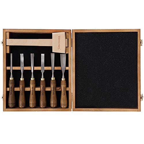 IMOTECHOM 7-Pieces Woodworking Wood Carving Tools Chisel Set with Wooden Box, Beech Wood Mallet Hammer, Razor Sharp CR-V 60 Steel Blades