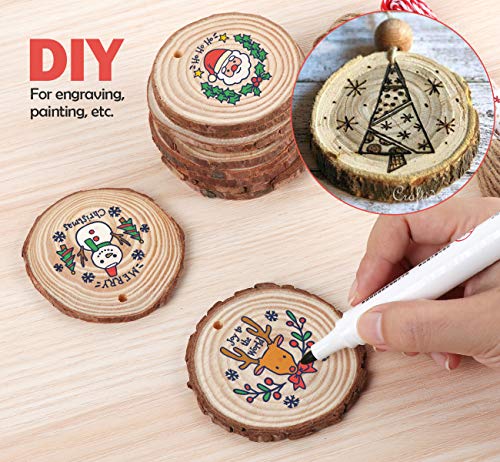 50Pcs Wood Slices 2.4"-2.8" Unfinished Natural Wood Rounds with Pre-drilled Hole and 66Feet Twine String, Wood Slices for Wood Burning Painting DIY Crafts Christmas Ornaments Party Wedding Decor