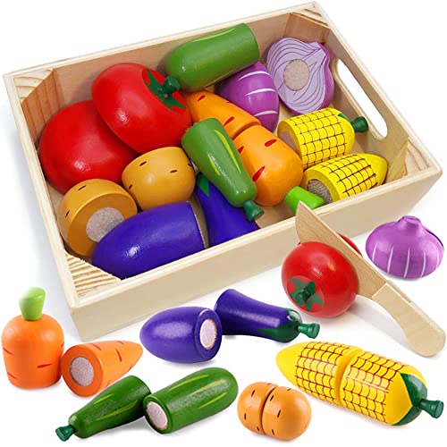 Wooden Play Food for Kids Kitchen Toys for Toddlers Cutting Pretend Toy Food Wooden Fruits Vegetables Gift for Boys Girls Educational Toys