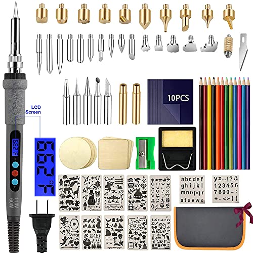 Aipudi 75Pcs Wood Burning Kit, Wood Burning Tool with LCD Display Wood Burning Pen Adjustable Temperature Soldering, Embossing/Carving/Soldering Tips/Carrying Case. (Gray)