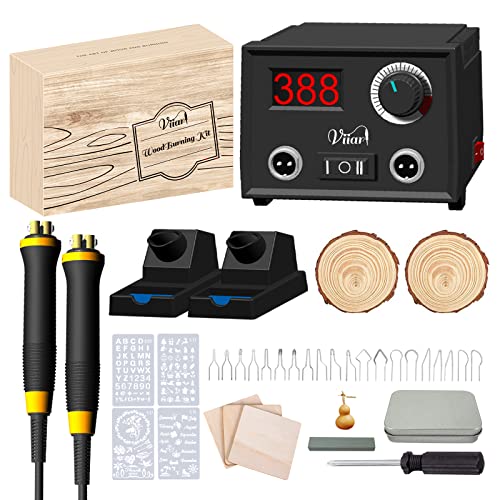 Viiart Professional Pyrography Tool Kit 60W Upgraded Wood Burning Kits with 20pcs Pyrography Wire Tips Digital Adjustable Pyrography Machine for Wood and Gourd（Duble Pen）