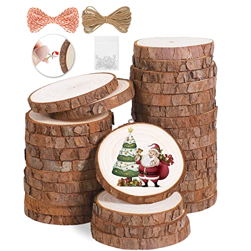 Natural Wood Slices 30Pcs 2.4-2.8 in Unfinished Wood Kit with Screw Eye Rings, Complete Wood Coaster, Wooden Circles for Crafts Wood Christmas Ornaments Wedding DIY Crafts