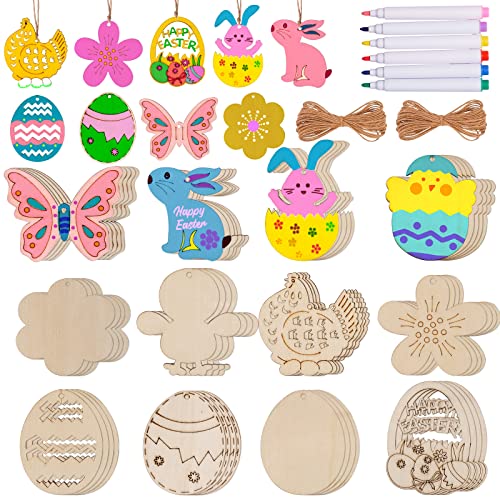 Max Fun 60PCS Easter Wood Cutouts for Crafts Easter Unfinished Ornaments DIY with Bunny to Paint for Kids Easter Party Decorations Decor Hanging Egg Shapes with Drawing Pen and Hang Cords