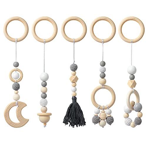 R HORSE 5 Baby Play Gym Toy Set Wooden Hanging Toy for Infant Play Activity Gym Wooden Nursing Pendant Gym Teether Rattles Toy Sensory Birthday Shower Gifts Toys for Newborn Gift