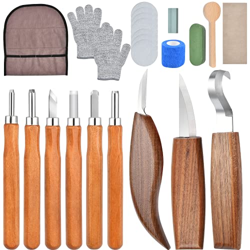 Wood Carving Tools, Akamino Wooden Carving Tool Kit for Beginners, 12 in 1 Whittling Knife Hook Knife Wood Carving Spoon Knife Set with Gloves for Spoon Bowl Cup Kuksa