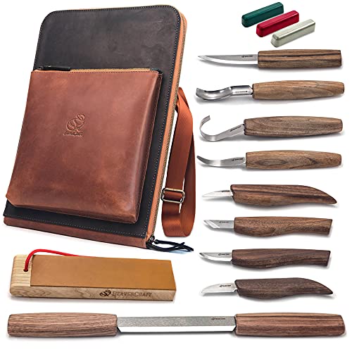 BeaverCraft Deluxe Wood Carving Kit S50X - Wood Carving Tools Wood Carving Set - Spoon Wood Carving Knives Tools Set - Whittling Kit Knife Woodworking Kit for Beginner and Profi (Brown)