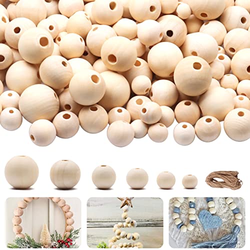 980 pcs Christmas Wooden Beads GACUYI Unfinished Wood Balls Beads Natural Loose Round Wood Balls Beads with Jewelry Spacer in 10 Sizes Wood Balls Beads for Crafts, Decor, Garland