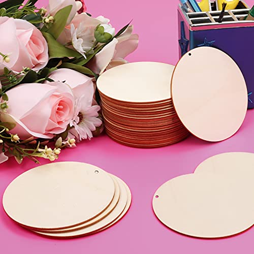 KURTZY 50 Pieces (4 Inch) Round Wooden Circles with Holes - Hanging Tags Wooden Discs Cutouts - Blank Wood Circles Ornaments for DIY Crafts, Milestone Discs, Wood Burning, Painting, Home Decorations