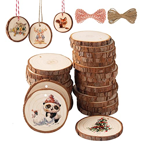 FEZZIA Natural Wood Slices, 26 Pcs Craft Pre-drilled Unfinished Round Wood Circles kit for Christmas Decorations, DIY Crafts, Christmas Ornaments(3.1 - 3.5 inches)