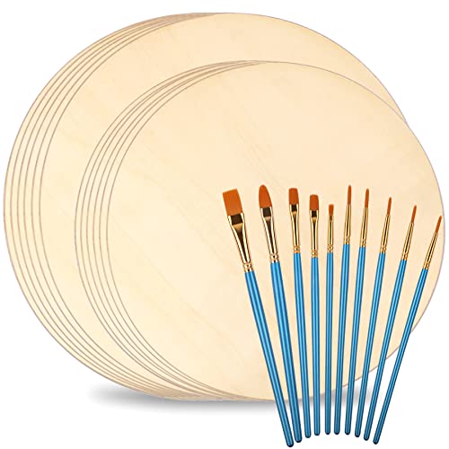 NOVWANG 12 Pcs 12 14 Inch Wood Circles for Crafts, 2 Assorted Size Unfinished Wood Rounds with 10pcs Brushes, Discs for Painting DIY Home Holiday Decor (6Pcs 12 Inches 6 Pcs 14 Inches)