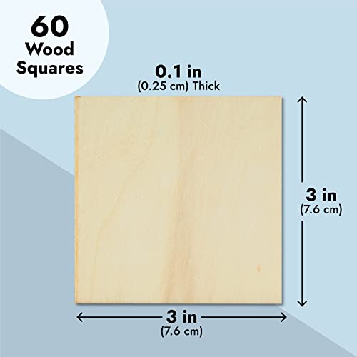 60 Pack Unfinished Wood Squares for Crafts, Blank Wood Pieces, Bulk Wooden Tiles for Crafts, DIY Supplies, Coasters, Cutouts, Engraving, Wall Art, Game (3x3 in)