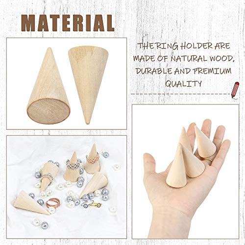 Framendino, 10 Pack Small Natural Wood Cone Ring Holder Finger Jewelry Display Stand Organizer for for Jewelry Display DIY Craft (Vertical Shaped)