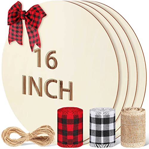 4 Pieces Wood Circles Round Wood Discs Unfinished Wooden Circle Rustic Rounds Wooden Cutouts Blank Wood Plaque with 3 Rolls Burlap Plaid Wired Edge Ribbons for Christmas (15.75 x 15.75 x 0.1 Inch)