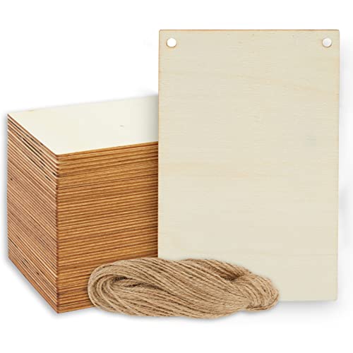 50 Pack Unfinished Wood Plaque Blanks with Jute String for Crafts, DIY Party Banners, Wooden Pennants, Blank Wooden Signs for Crafts, Art Projects (3.75 x 5.75 in)