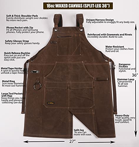 Shop Apron - 16 oz Long Waxed Canvas Work Apron with Pockets | Waterproof, Fully Adjustable to Comfortably Fit Men and Women Size S to XXL | Tough Tool Apron to Give Protection and Last a Lifetime