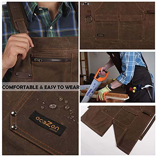 Shop Apron - 16 oz Long Waxed Canvas Work Apron with Pockets | Waterproof, Fully Adjustable to Comfortably Fit Men and Women Size S to XXL | Tough Tool Apron to Give Protection and Last a Lifetime